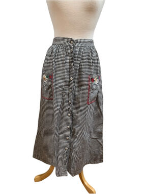 Vntg 90’s BRYN CONNELLY cotton Gingham Midi Skirt M w/flowers and butterflies